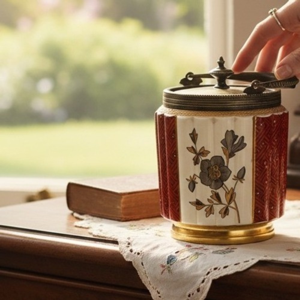 Antique Floral Ceramic Biscuit Barrel Jam Jar with Silver Plate Lid and Handle